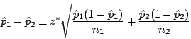 \begin{displaymath}\hat{p}_{1} - \hat{p}_{2} \pm z^{*}\sqrt{\frac{\hat{p}_{1}(1 ...
...t{p}_{1})}{n_{1}} + \frac{\hat{p}_{2}(1 - \hat{p}_{2})}{n_{2}}}\end{displaymath}