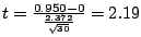 $t = \frac{0.950 - 0}{\frac{2.372}{\sqrt{30}}} = 2.19$
