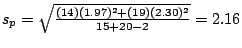 $s_{p} = \sqrt{\frac{(14)(1.97)^{2} + (19)(2.30)^{2}}{15 + 20 - 2}} = 2.16$