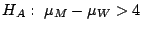 $H_{A}: \ \mu_{M} - \mu_{W} > 4$