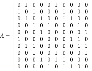 \begin{displaymath}
A=\left[
\begin{array}{cccccccccc}
0&1&0&0&0&1&0&0&0&0\\
1&...
...0&0&1&0&1&1&0&0&0\\
0&0&0&0&1&0&1&1&0&0\\
\end{array}\right]
\end{displaymath}